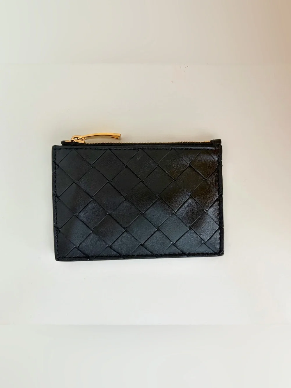 Bottega Veneta Black Intrecciato Leather Zip Key Card Holder with Gold Zip